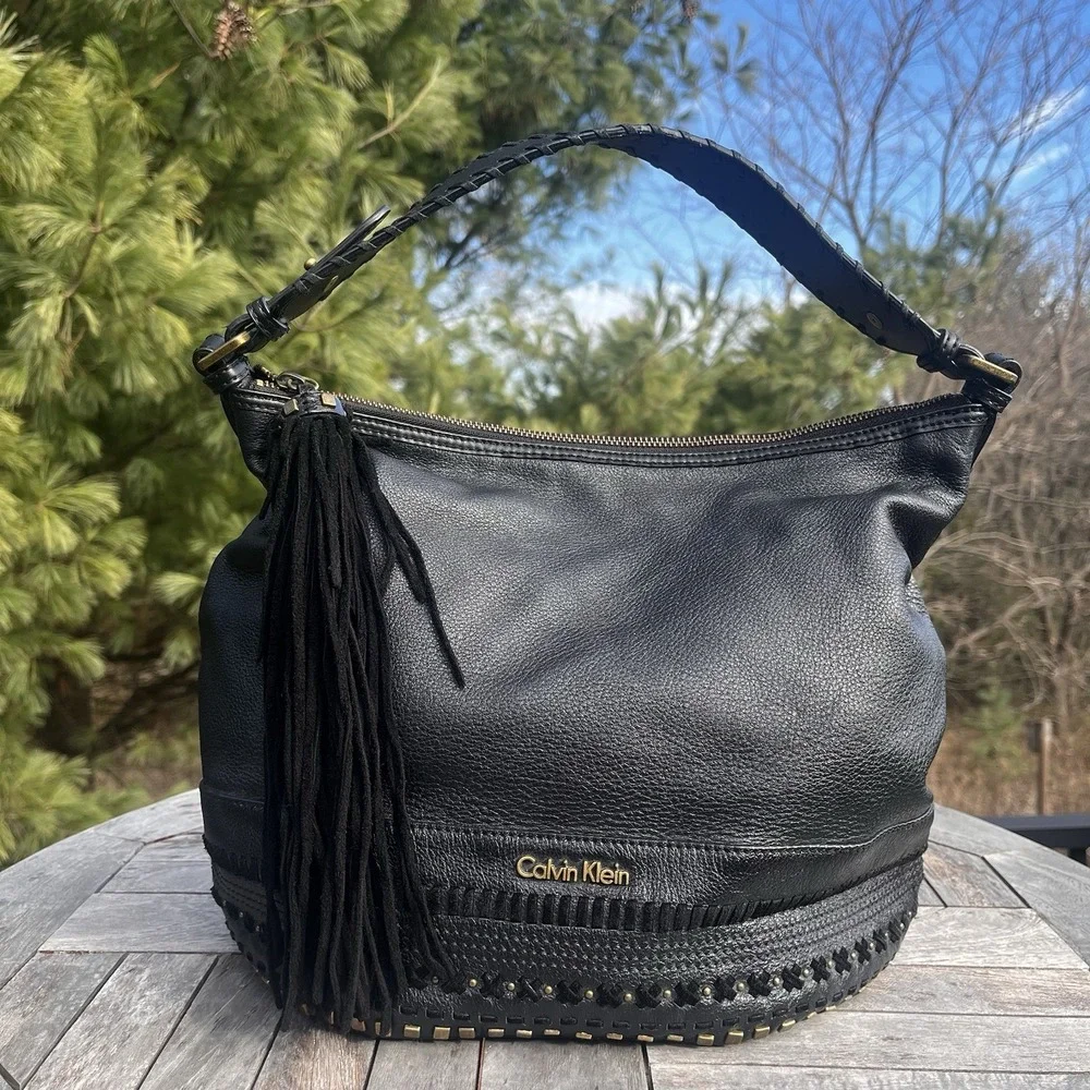 Calvin Klein Hobo Shoulder Bag Black Pebbled Leather Studded Tassel Accent Purse